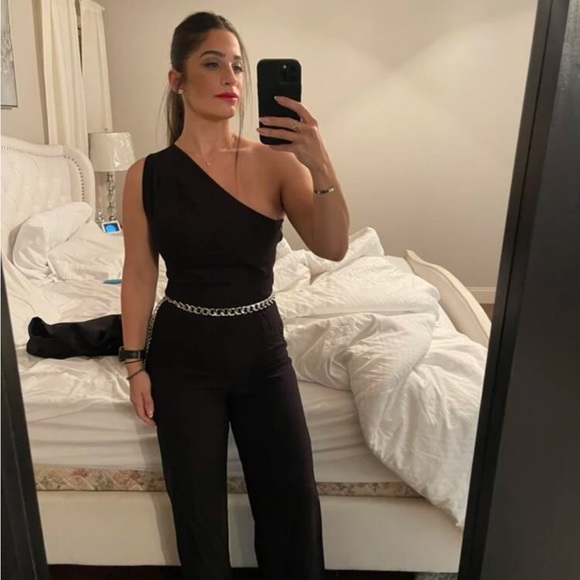 One Shoulder Black Elegant Jumpsuit High Waisted Long Culottes Pants - Picture 8 of 8